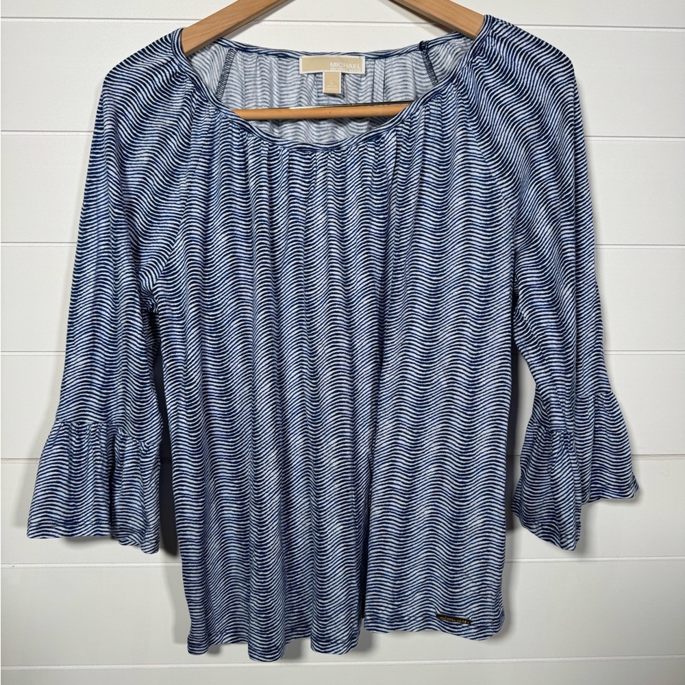 MICHAEL Michael Kors Navy and White Wave Pattern Blouse Large